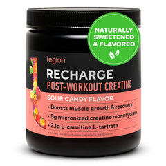 LEGION Recharge tub closeup shows clean label for transparent ingredient sourcing and consistent quality.