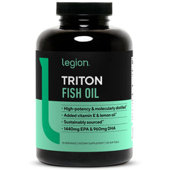 LEGION Triton fish oil capsules in a bottle for easy daily omega-3 intake