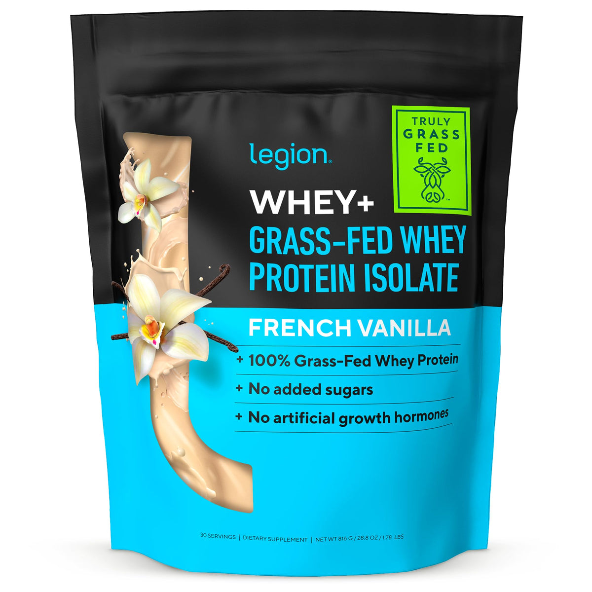 LEGION Whey+ bottle pour showing smooth, naturally flavored protein for post-workout use.