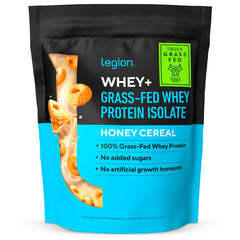 LEGION Whey+ protein isolate bag label shows grass-fed dairy and clean ingredients.