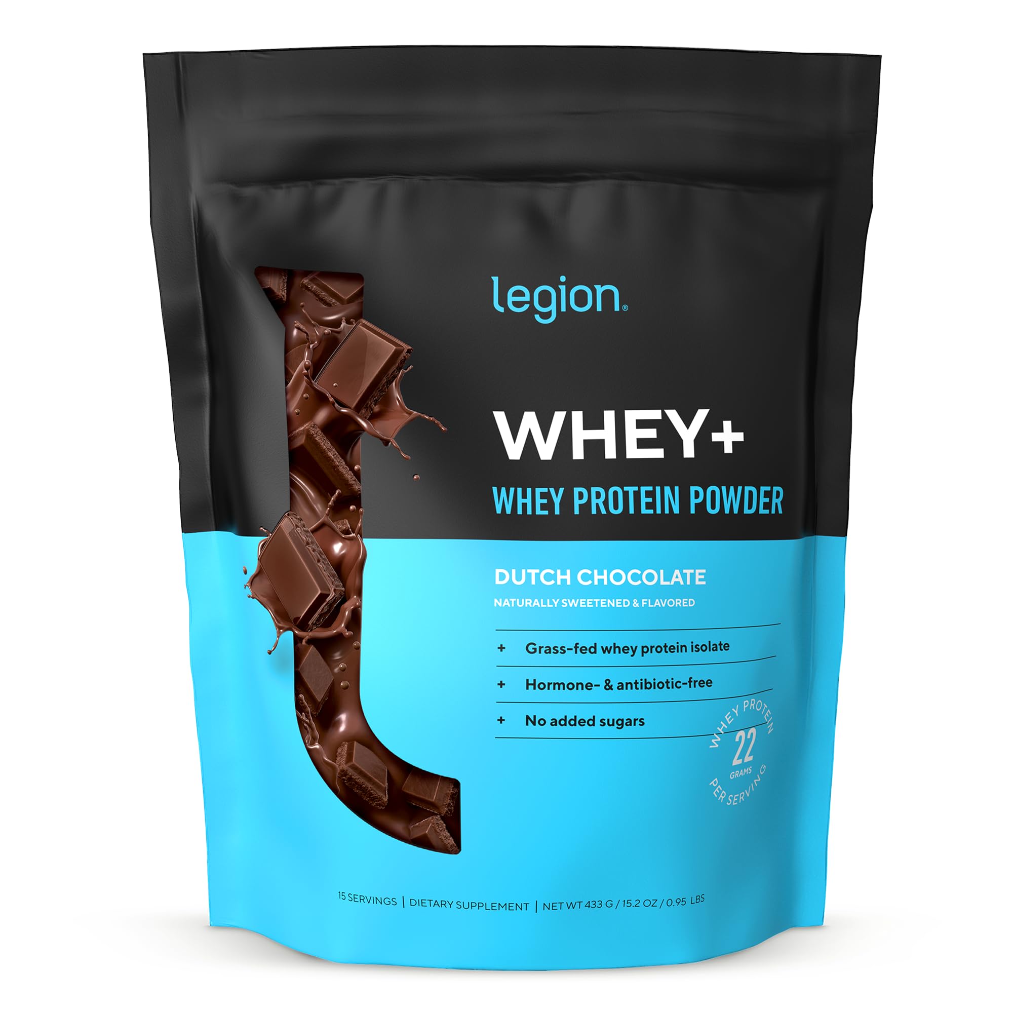 LEGION Whey+ protein powder container highlighting grass-fed formula for clean daily protein.