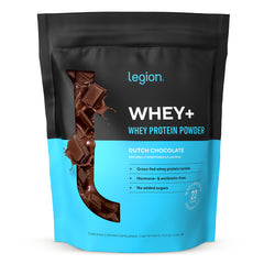 LEGION Whey+ protein powder container highlighting grass-fed formula for clean daily protein.
