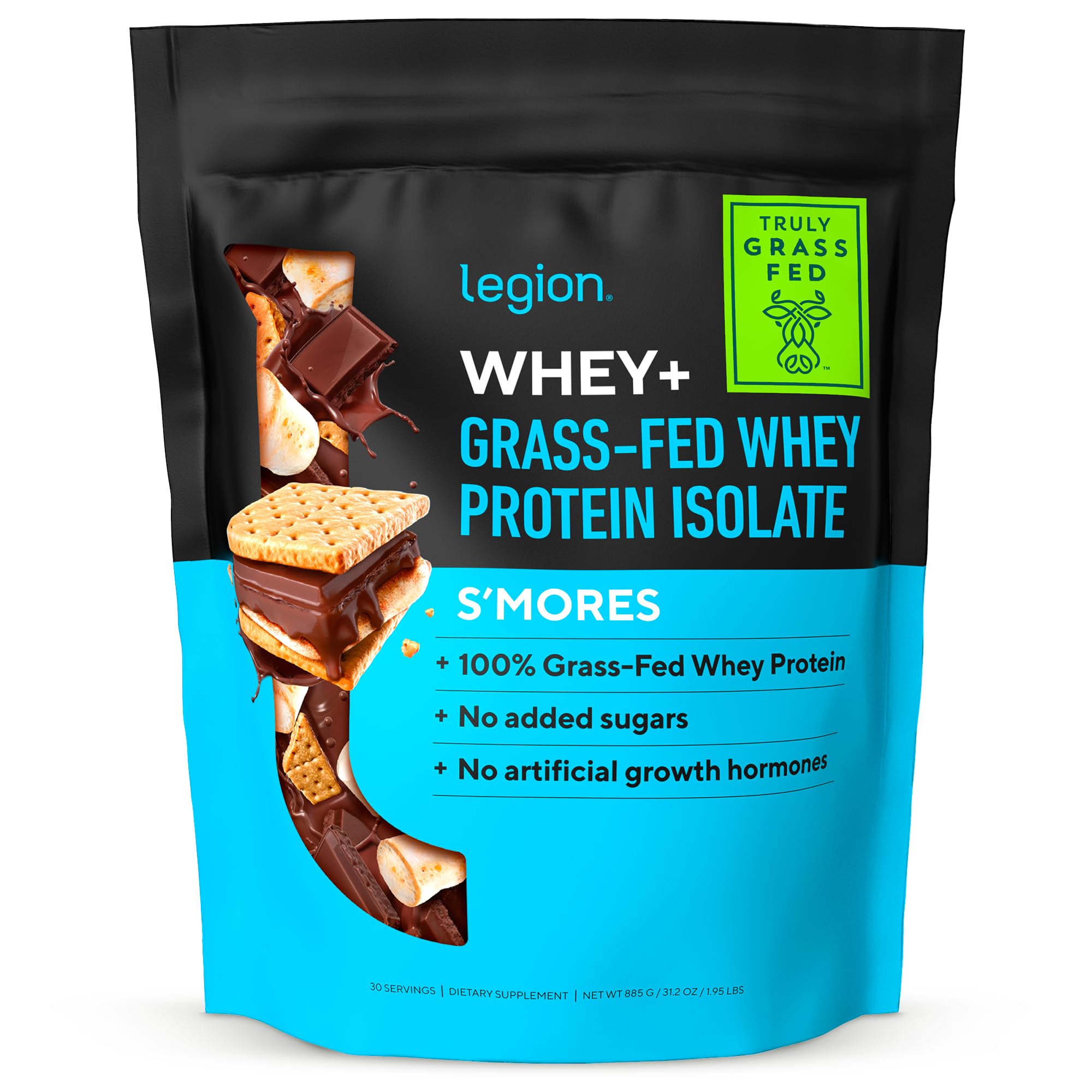 LEGION Whey+ Smores bottle pour highlights grass-fed protein for convenient shakes.