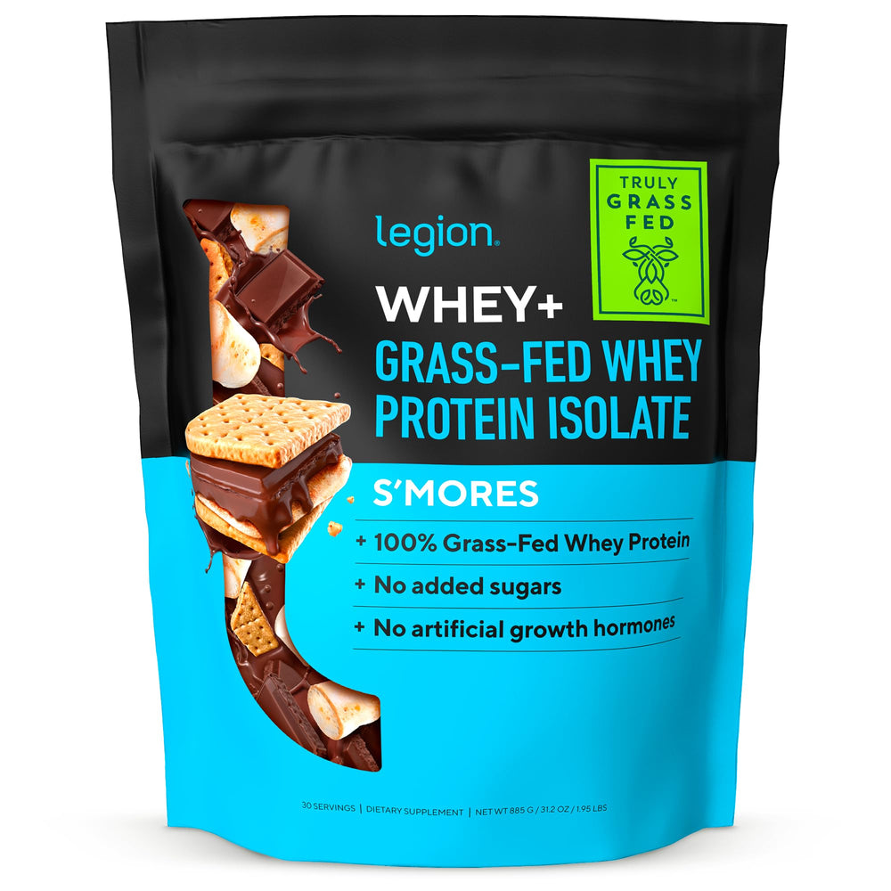 LEGION Whey+ Smores bottle pour highlights grass-fed protein for convenient shakes.