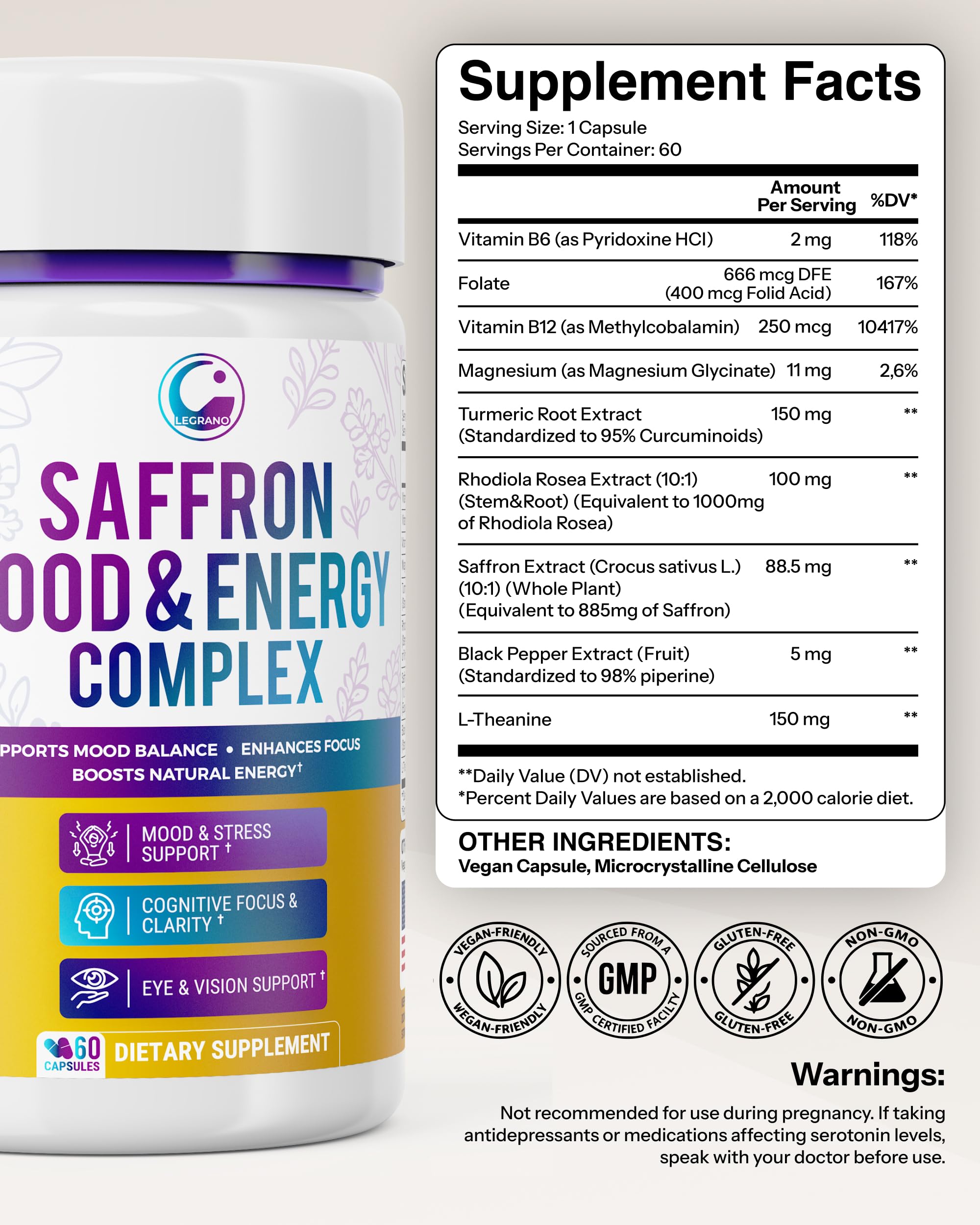 LEGRANO saffron capsules closeup with turmeric blend for energy support