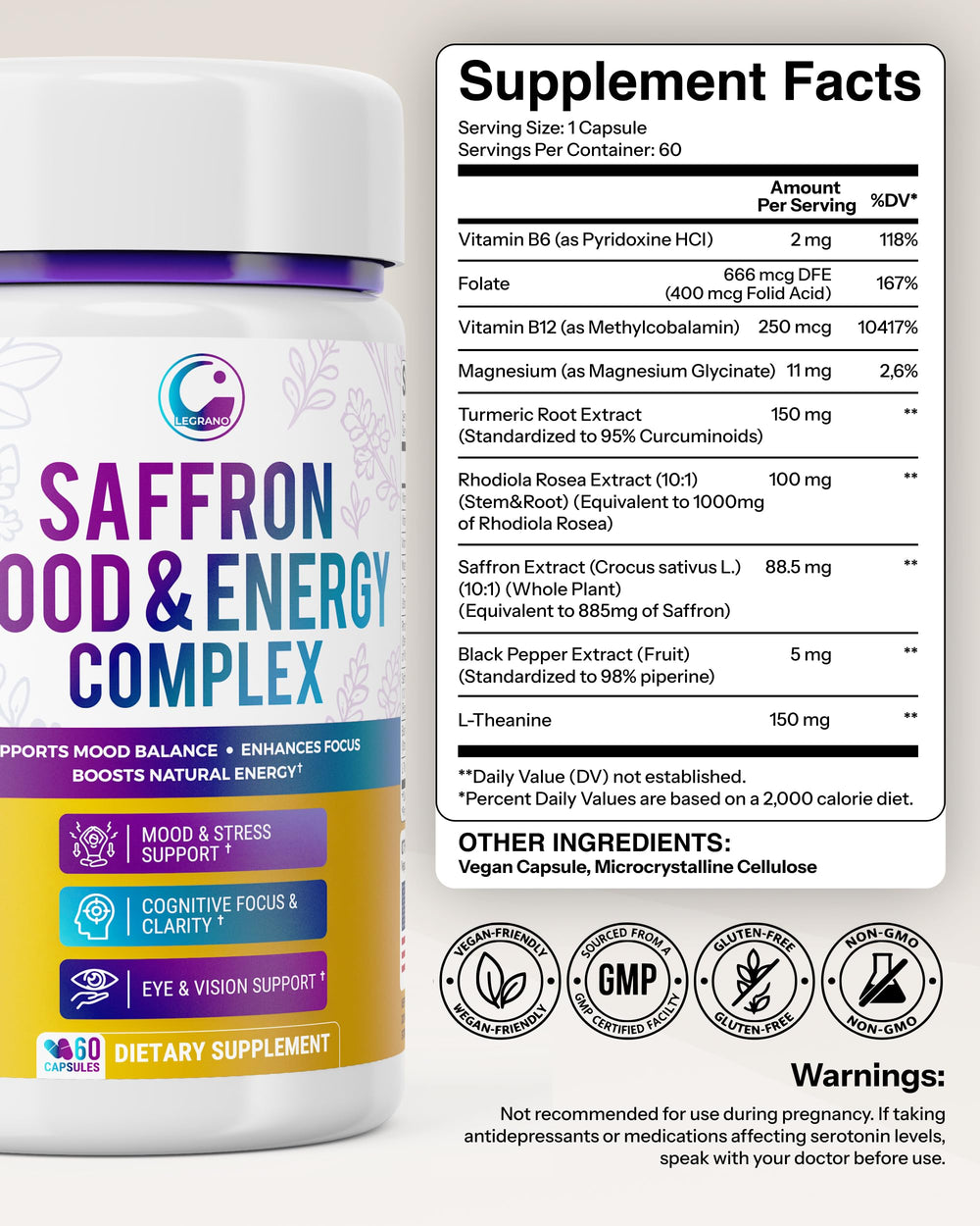 LEGRANO saffron capsules closeup with turmeric blend for energy support