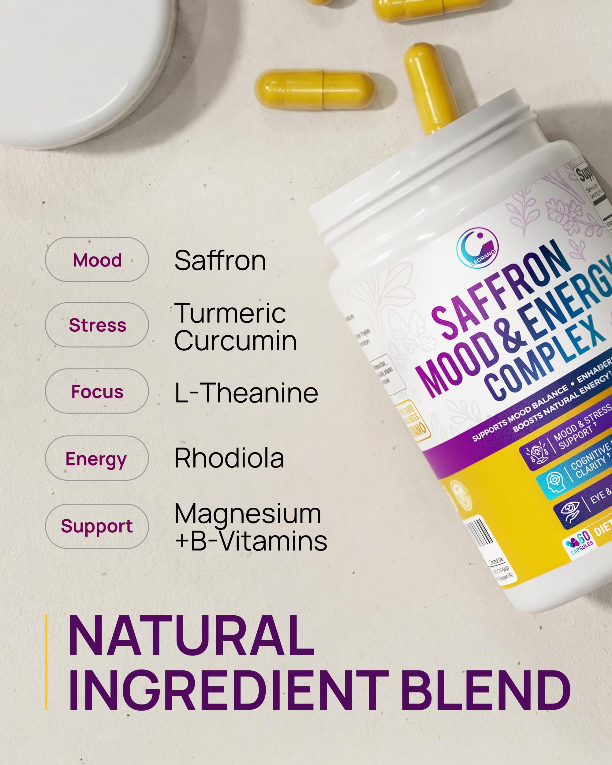 LEGRANO saffron-turmeric capsules product shot with clear ingredients emphasis