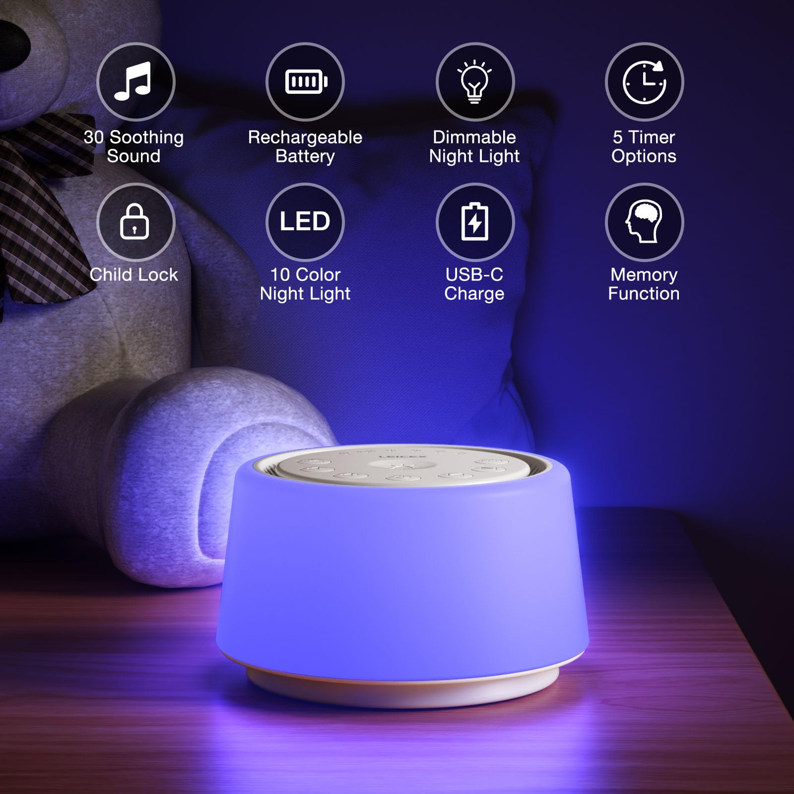 LEICEX white noise machine with bedside lamp and color options for calming nursery ambiance.