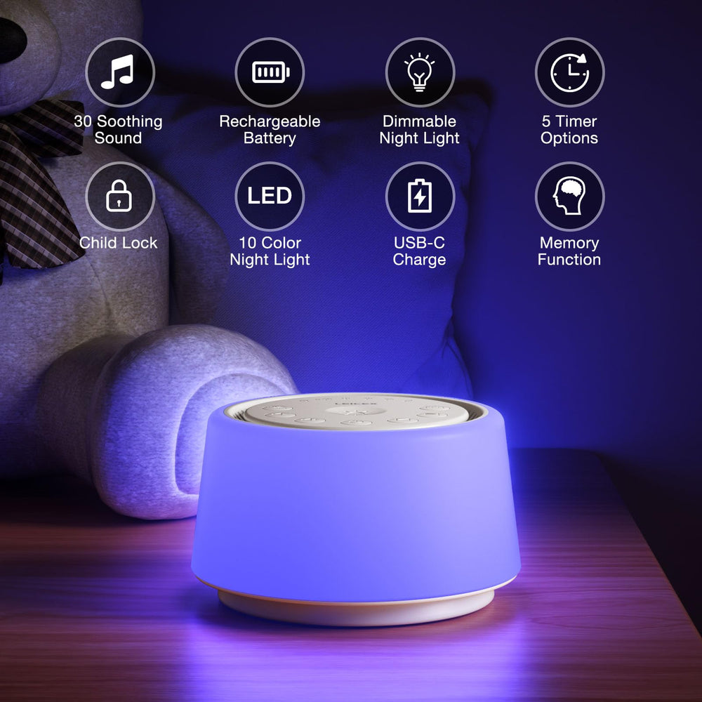 LEICEX white noise machine with bedside lamp and color options for calming nursery ambiance.