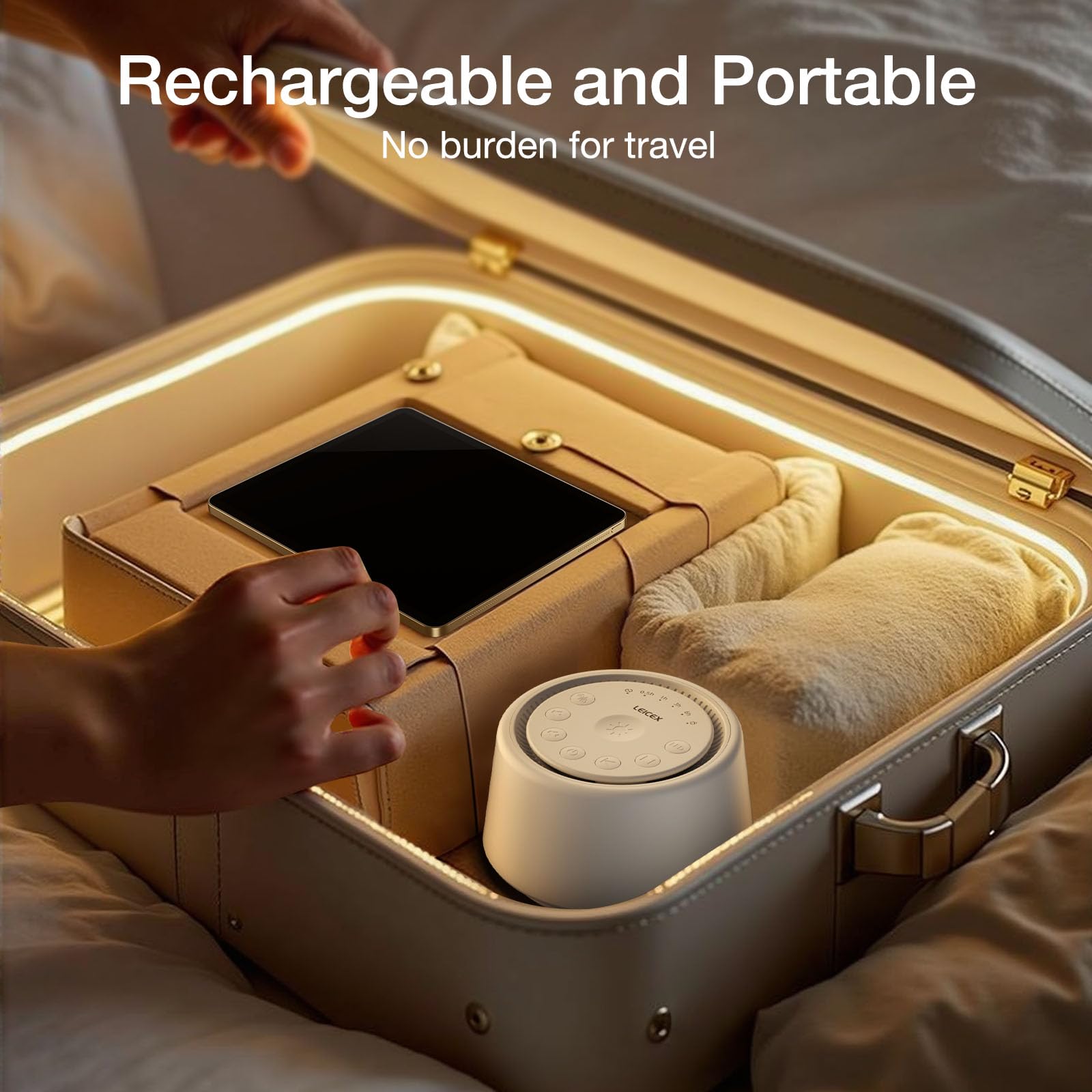 Compact LEICEX white noise machine ideal for travel and hotels.