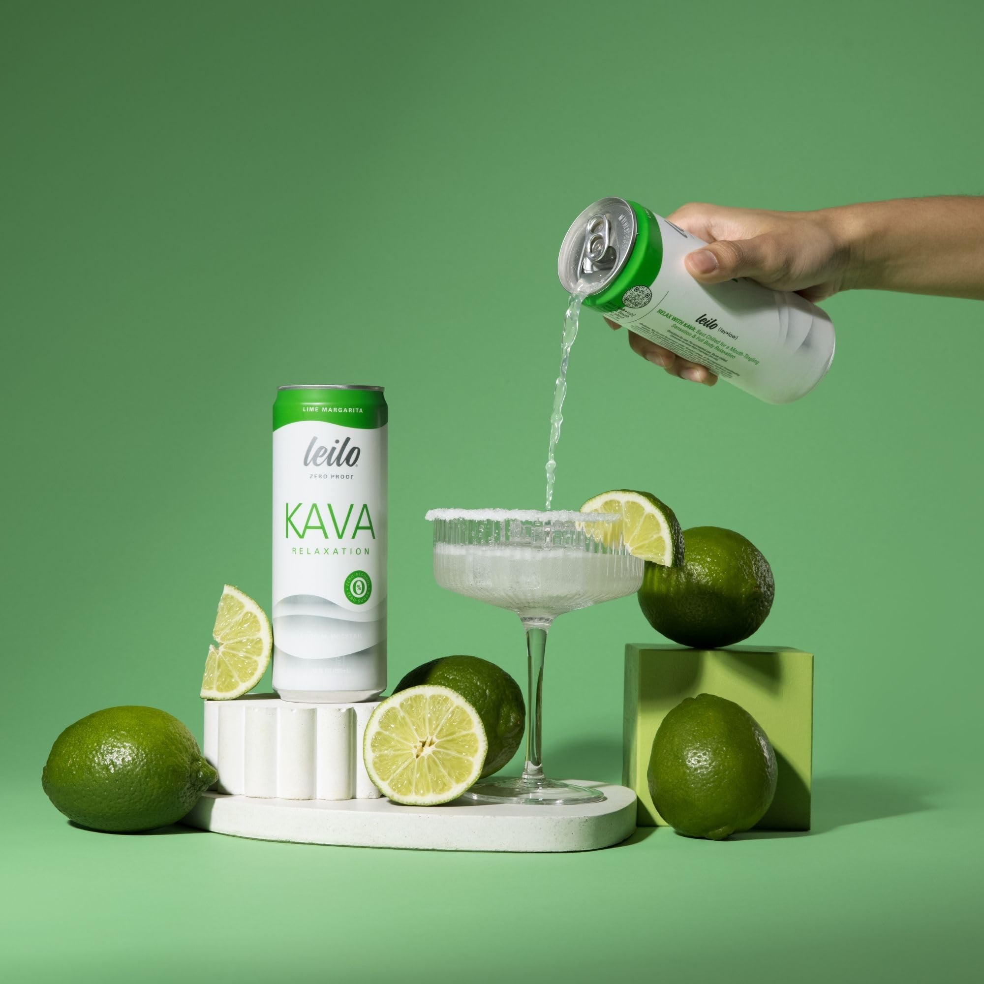 LEILO lime margarita mocktail can on ice emphasizes refreshing, low-calorie calm option.