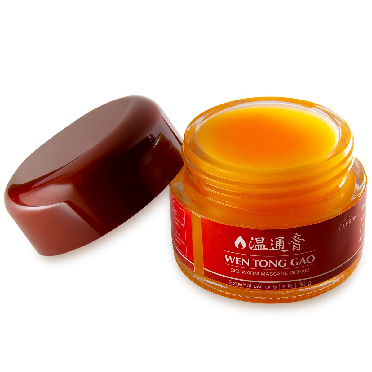 Packaging display for Lekon Wen Tong Gao Bio-Warm Massage Cream highlights the traditional formula.