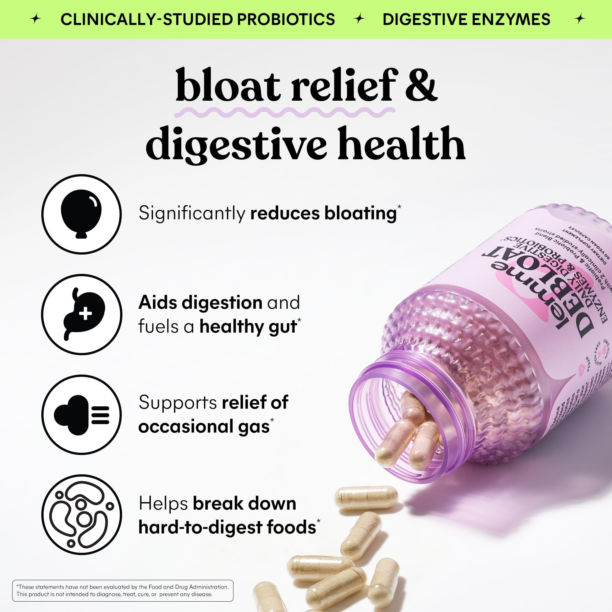 Lemme Debloat bottle back with dosage and ingredients clearly displayed