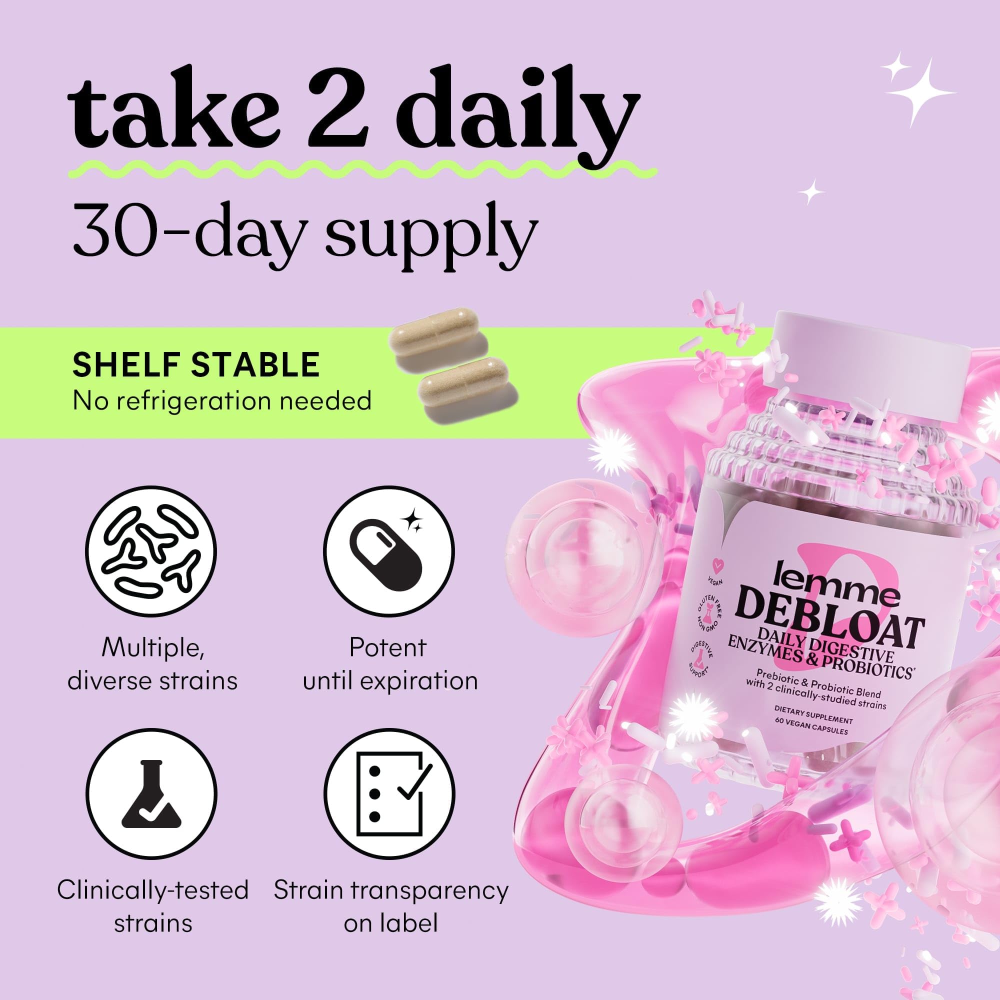 Lemme Debloat label details showing plant-based formula and allergen info