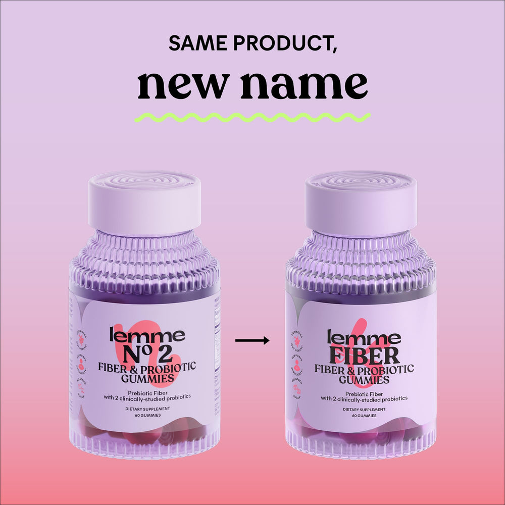 Lemme Fiber & Probiotic Gummies bottle back shows ingredients and vegetarian, non-GMO formula.