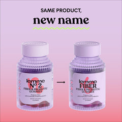 Lemme Fiber & Probiotic Gummies bottle back shows ingredients and vegetarian, non-GMO formula.