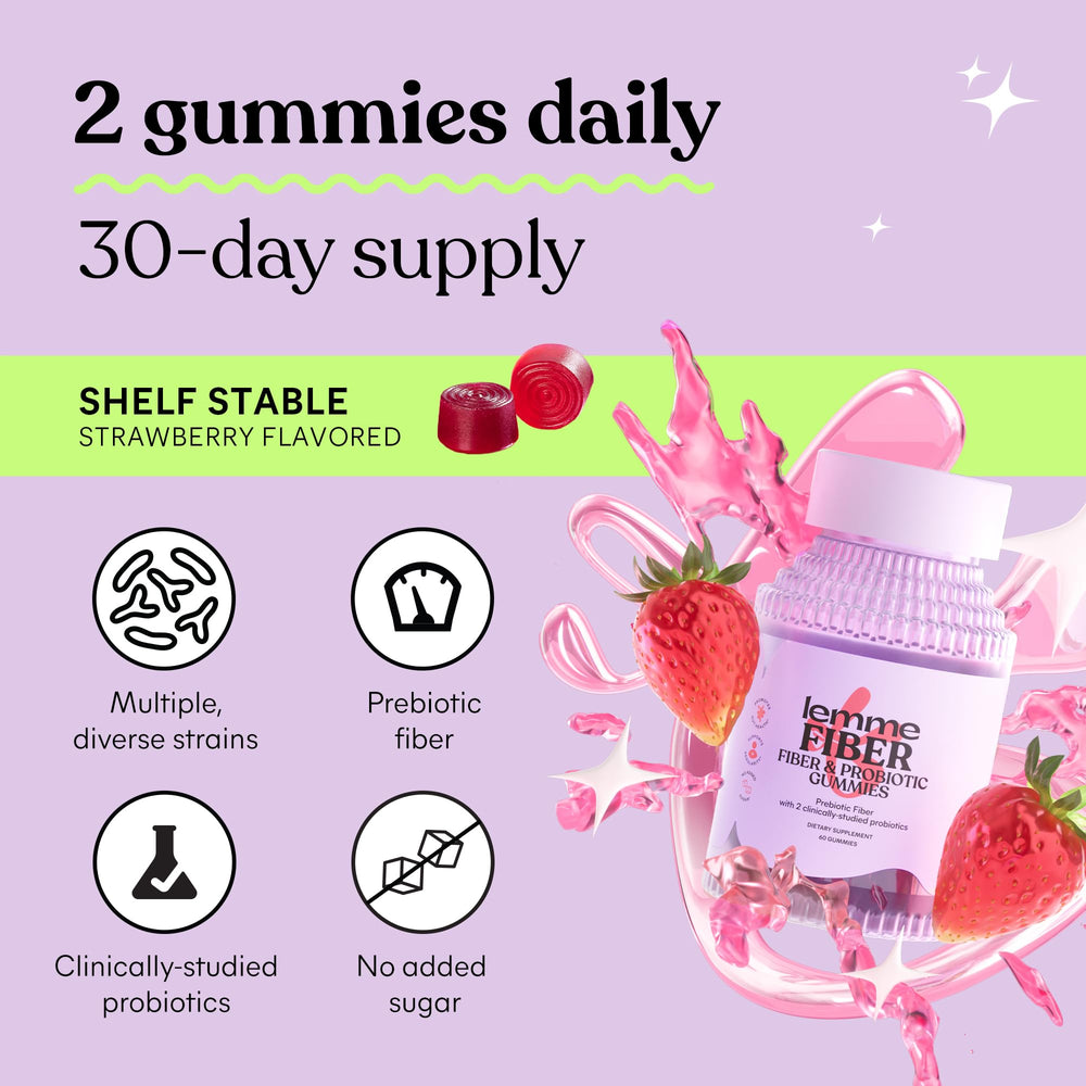 Lemme Fiber & Probiotic Gummies label highlights Vitamin D3 for daily wellness.