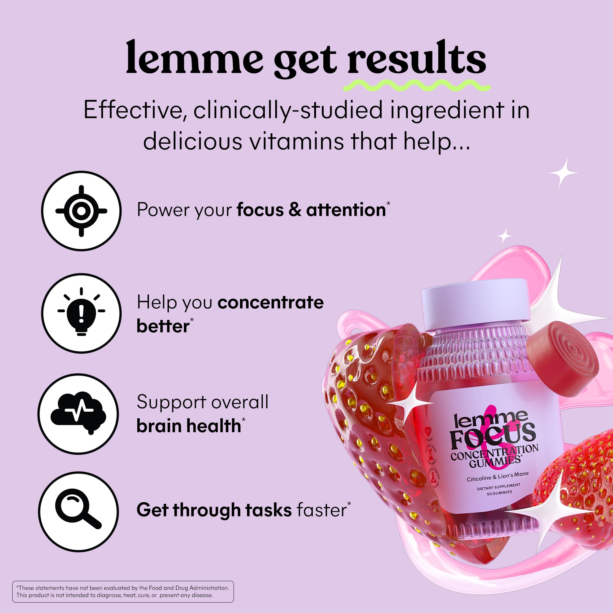 Lemme Focus gummies close-up highlighting texture and strawberry flavor.