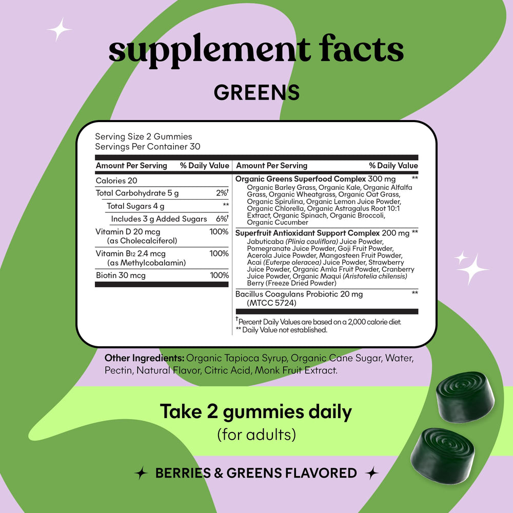 Lemme Greens probiotic label signals clinically studied strains for gut flora balance.