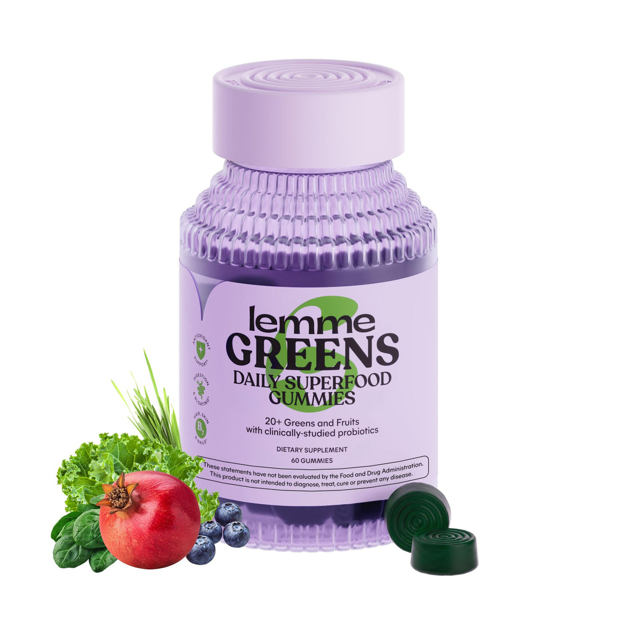 Lemme Greens Superfood Gummies bottle displays vibrant greens for daily gut support.