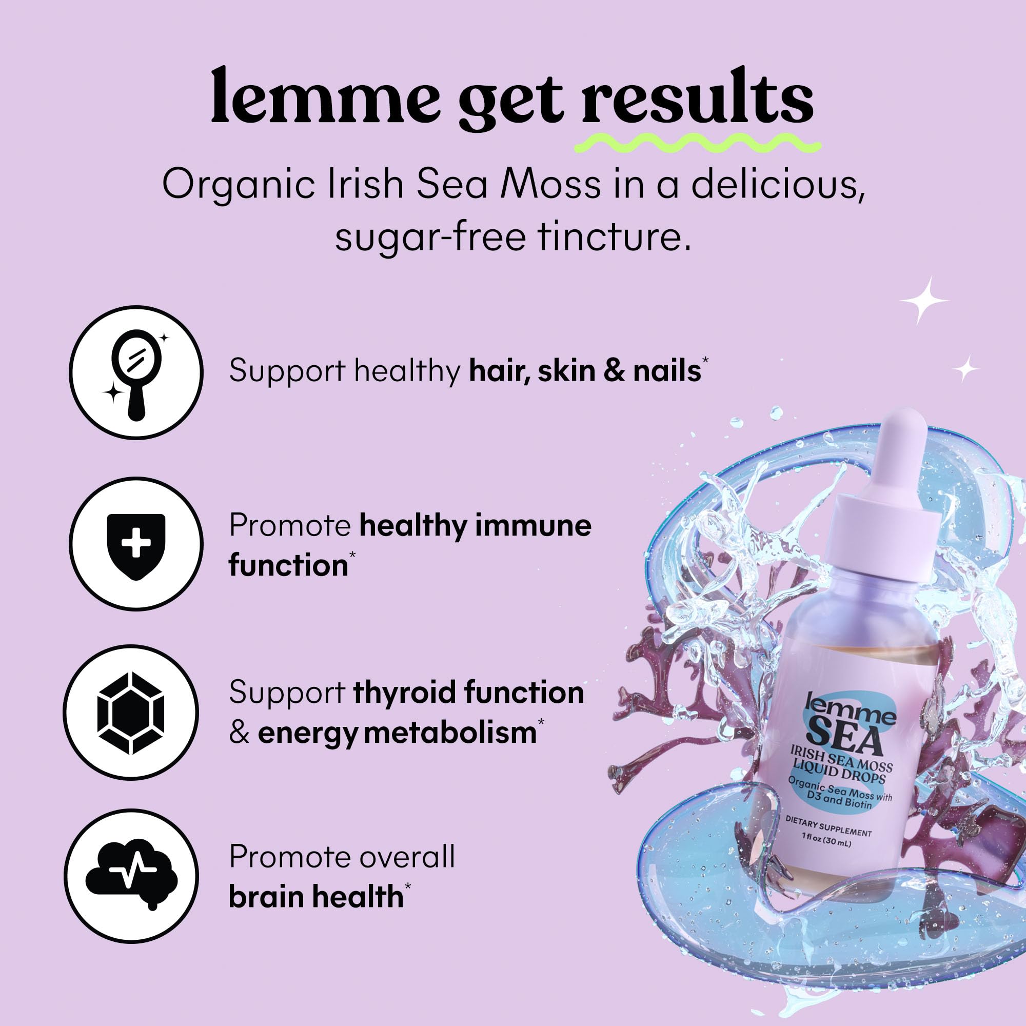 Lemme Irish Sea Moss Drops label highlights organic, non-GMO ingredients.