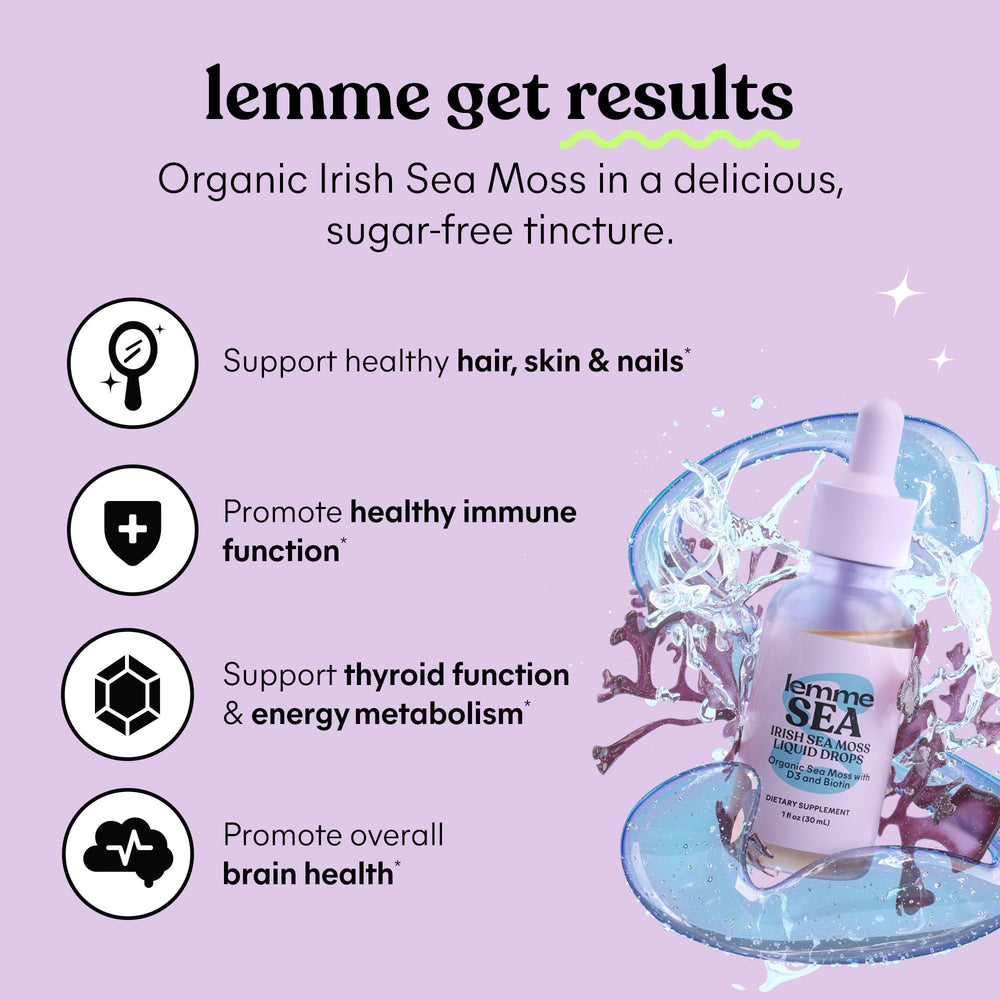 Lemme Irish Sea Moss Drops label highlights organic, non-GMO ingredients.