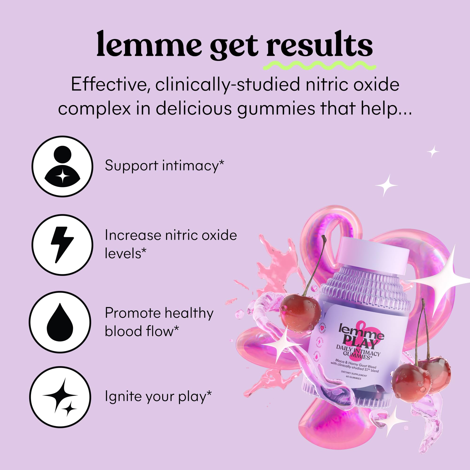 Closeup of Lemme Play gummies highlights bright cherry flavor for easy daily use