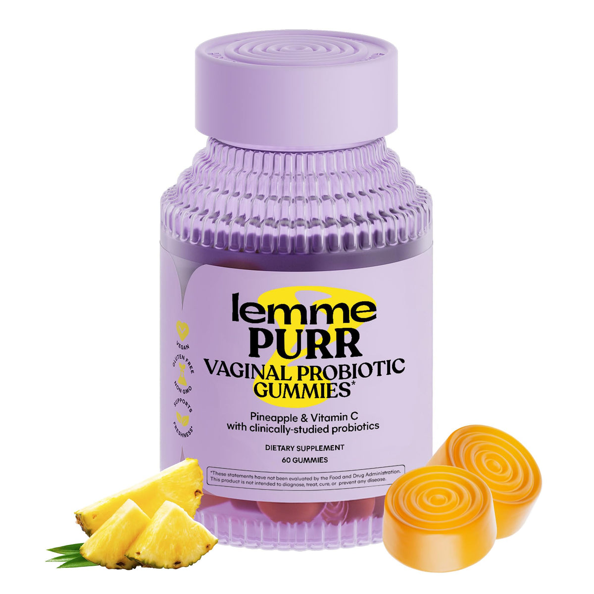 Lemme Purr bottle front showing daily feminine health gummies