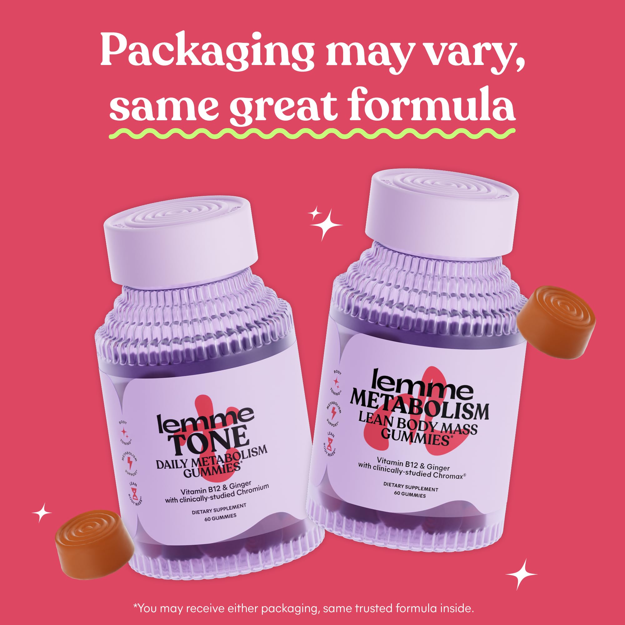 Lemme Tone Metabolism Gummies close-up of fruity watermelon-apple flavor.