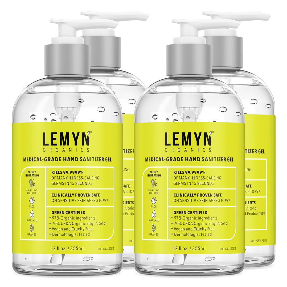 Lemyn Organics hand sanitizer gel front label shows a sensitive skin friendly 97% organic formula