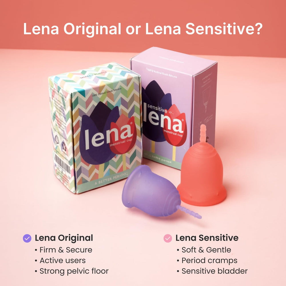 LENA Cup Large Purple in-use during overnight wear with leak protection.