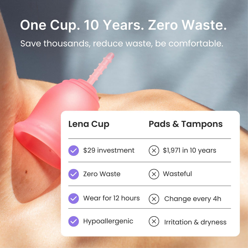 LENA Cup 12-hour leak-free feature demonstrated in daily life scenarios.