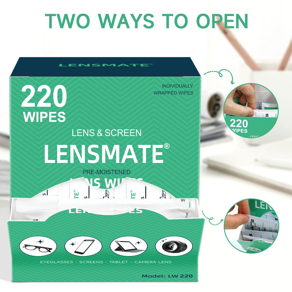 Packaging and brand label of Lensmate wipes for reliable use