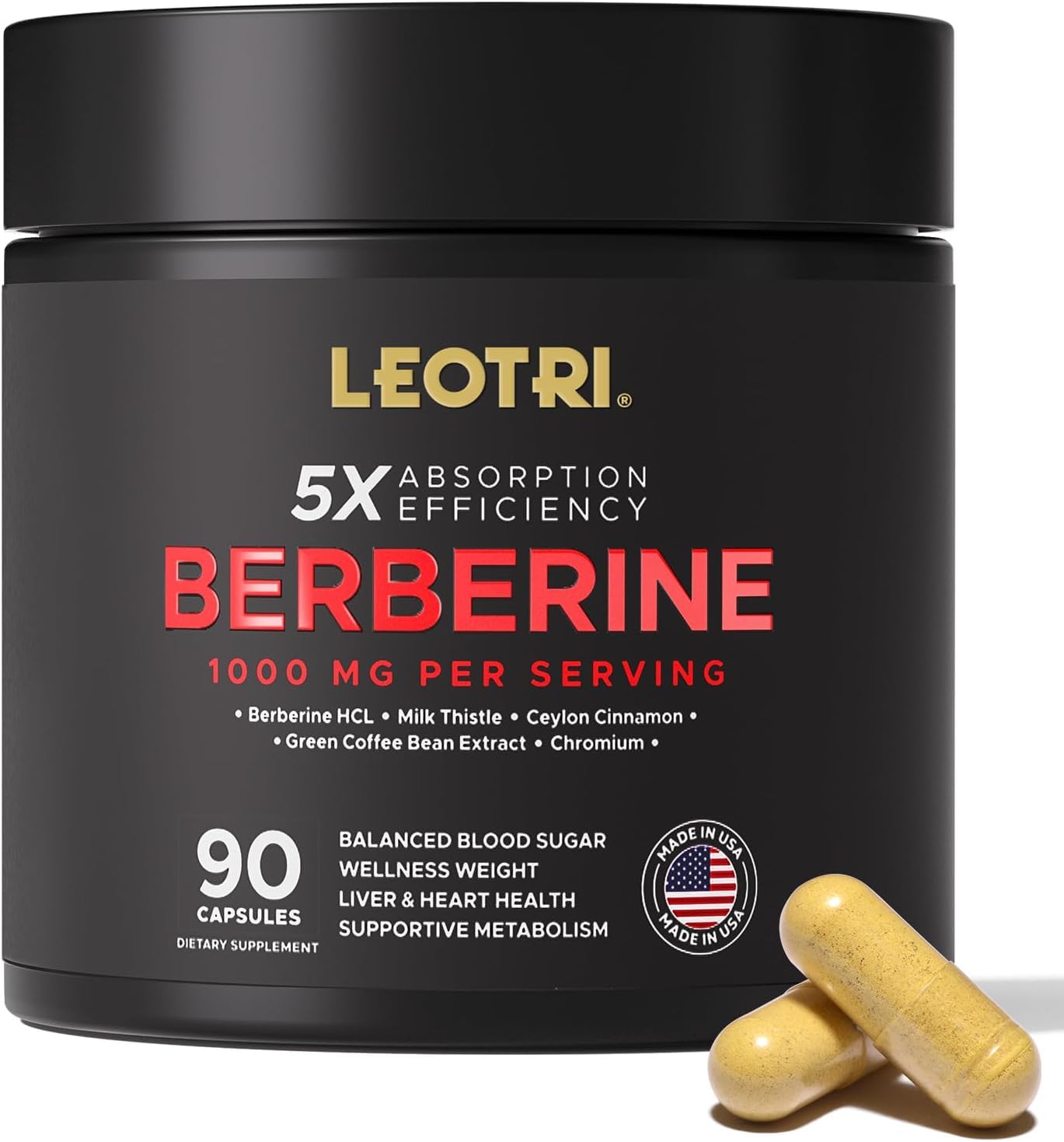 Leotri Berberine 1000mg cinnamon bottle with capsules for daily metabolic support