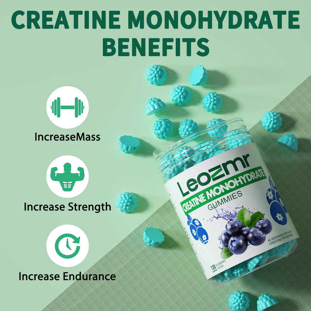 Leozmr Creatine Monohydrate Gummies blueberry close-up reveals chewy texture and flavor