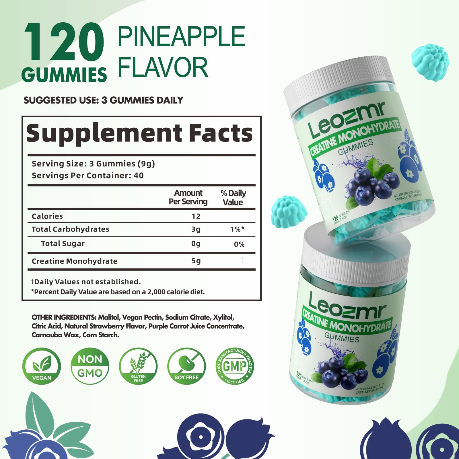 Leozmr Creatine Monohydrate Gummies blueberry serving image shows three gummies per serving