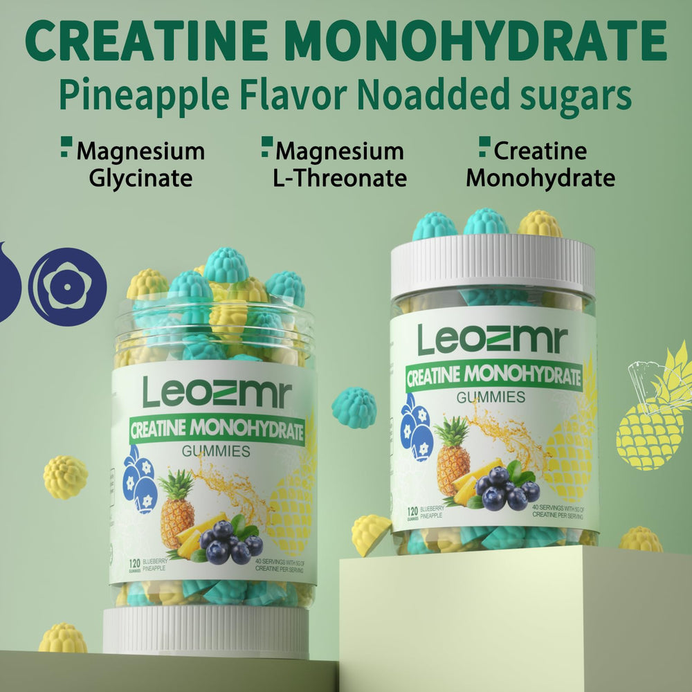 Close-up of Leozmr Creatine Monohydrate Gummies bottle highlighting 5g per serving