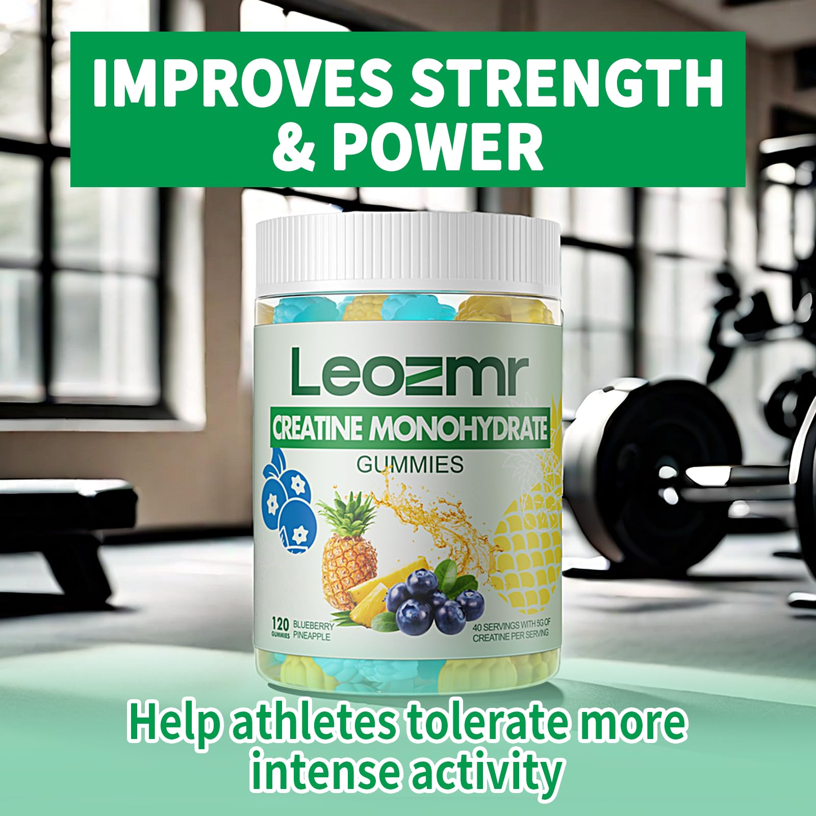 Leozmr Creatine Monohydrate Gummies Blueberry Pineapple flavor visuals for daily use