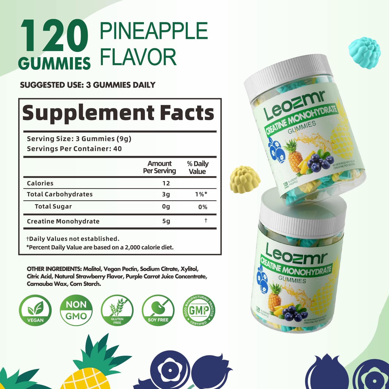 Ingredients list of Leozmr Creatine Monohydrate Gummies emphasizing vegan and non-GMO