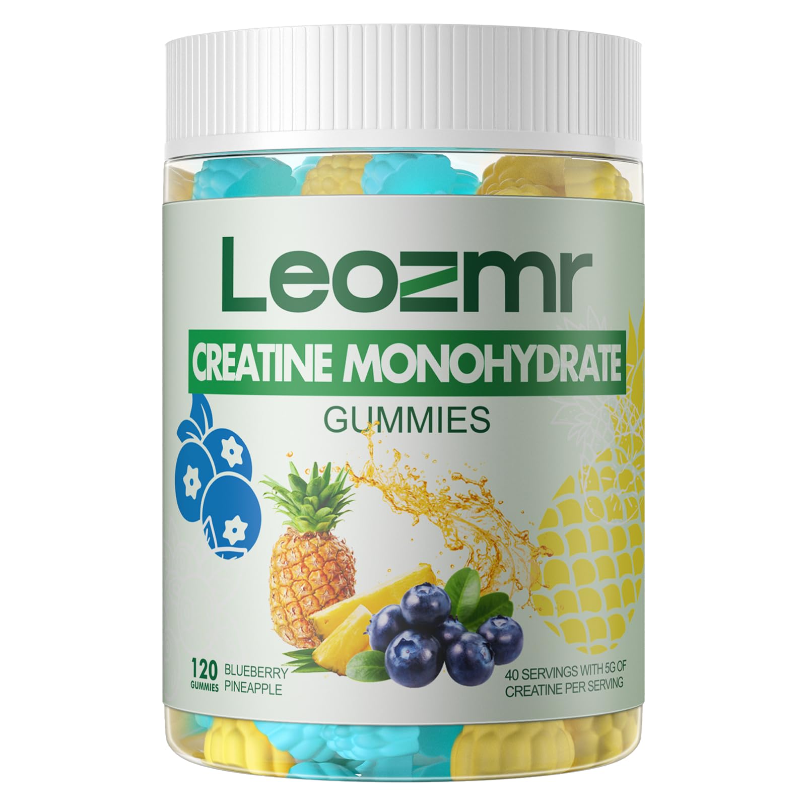 Leozmr Creatine Monohydrate Gummies packaging shows vegan, sugar-free formula for workouts