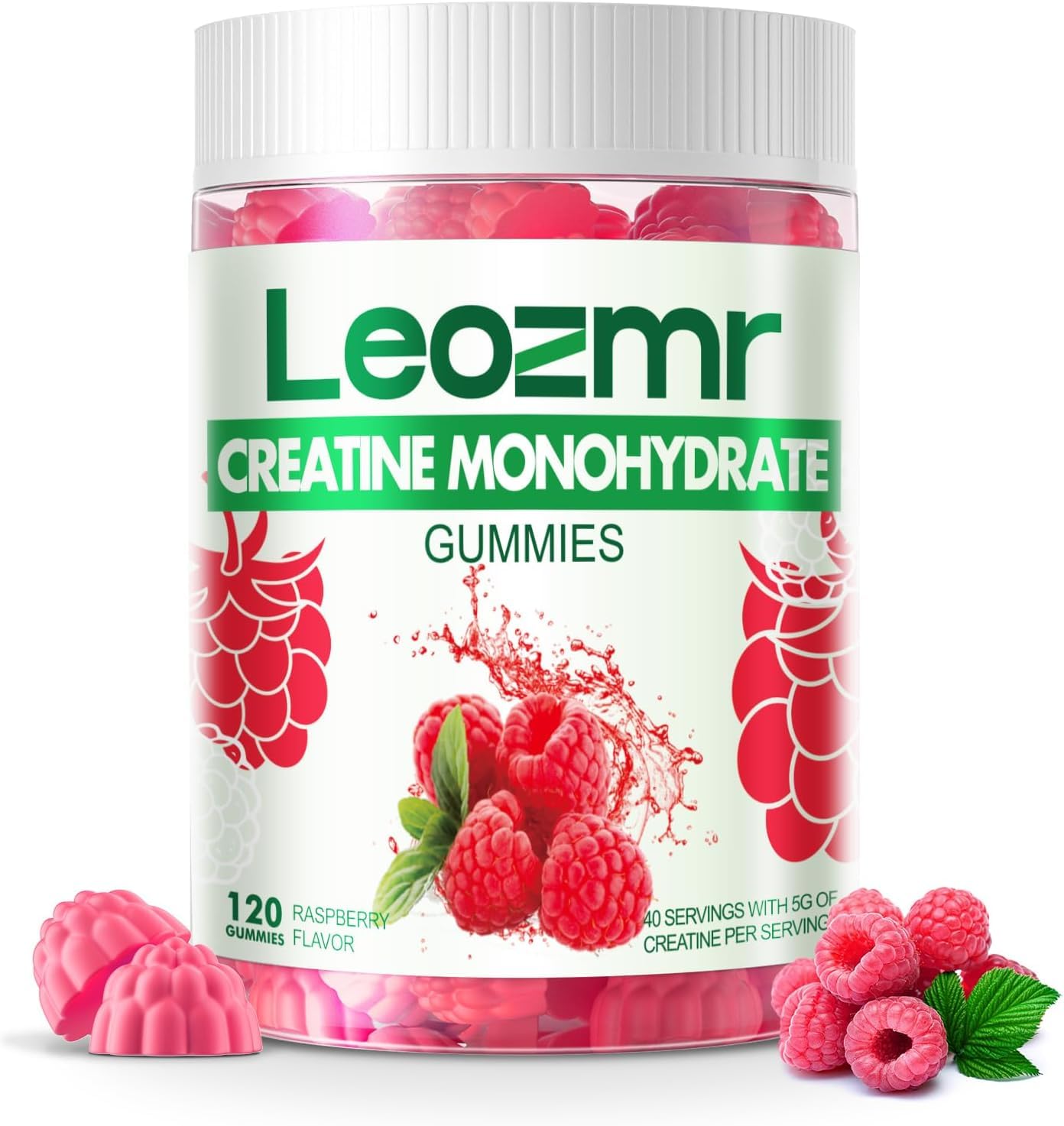 Leozmr Creatine Monohydrate Gummies Raspberry bottle, convenient daily supplement for workouts