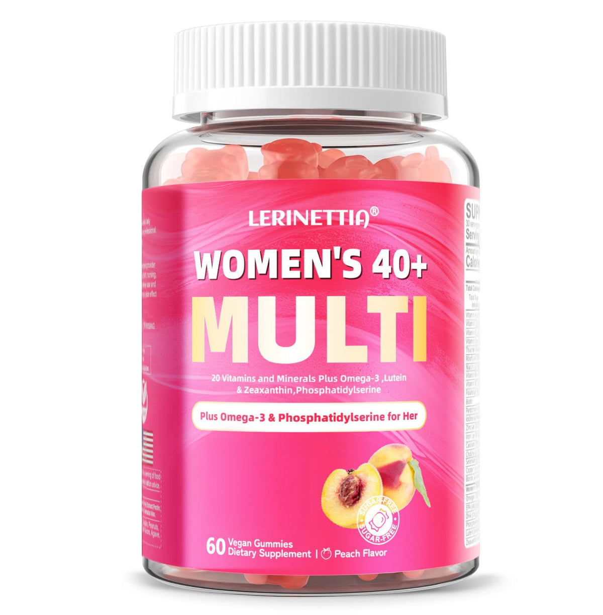 Lerinettia women's 40+ gummies bottle front, vegan multivitamin for daily energy support.
