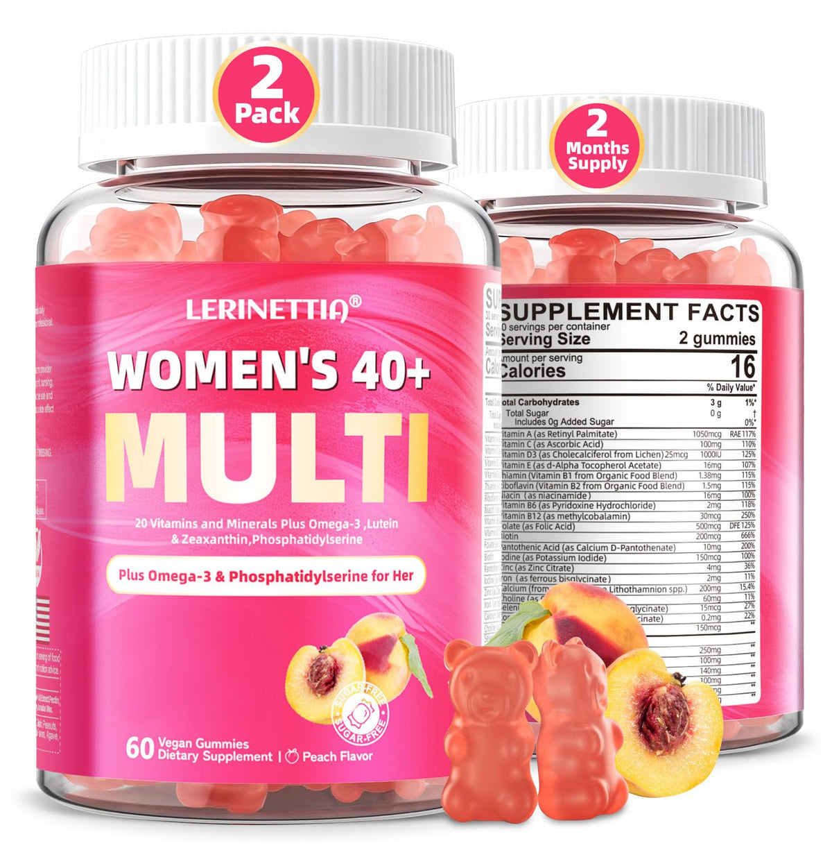 Lerinettia Women 40+ gummies bottle with omega-3 for brain and eye health.