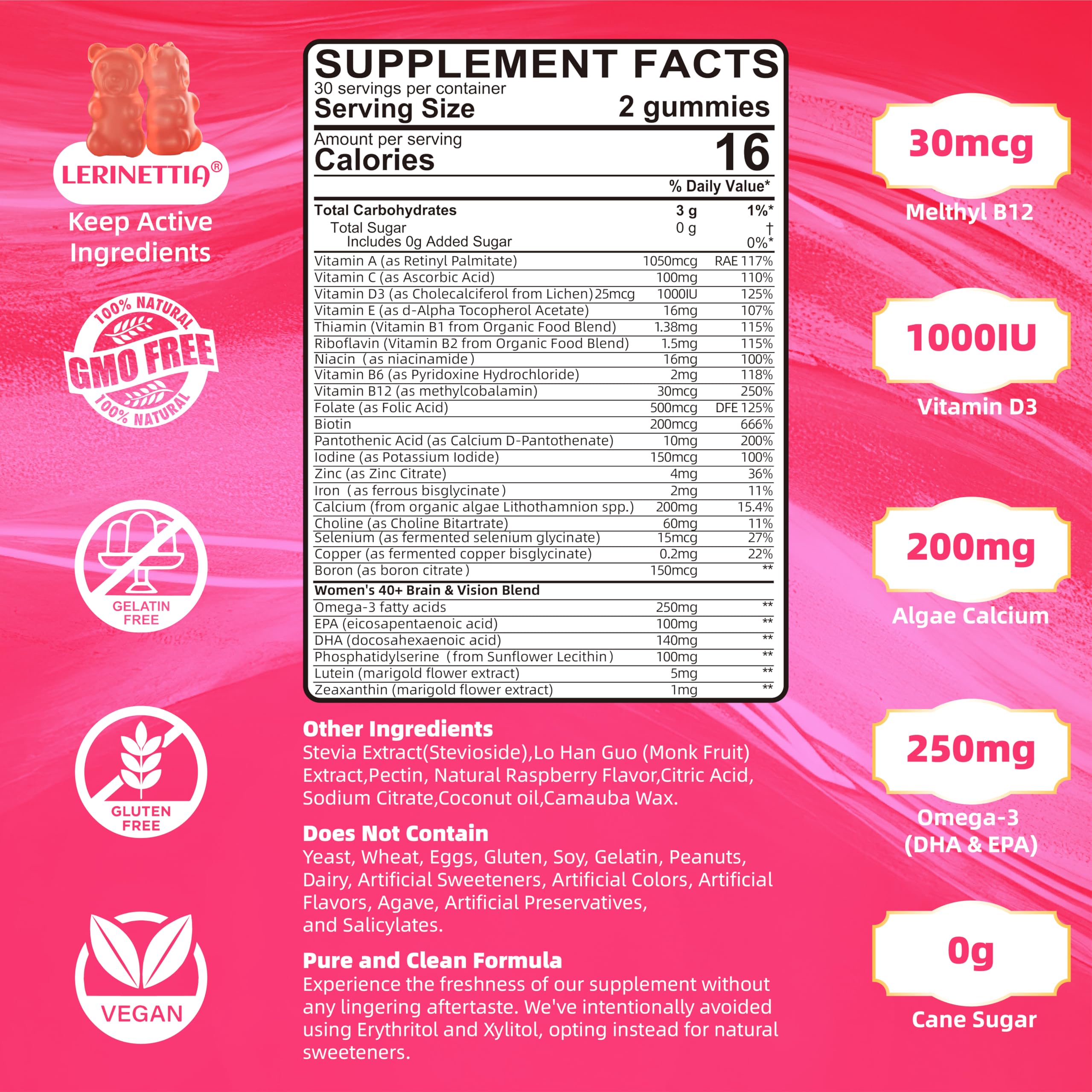 Lerinettia gummies close-up, fruity strawberry flavor with no added sugar.
