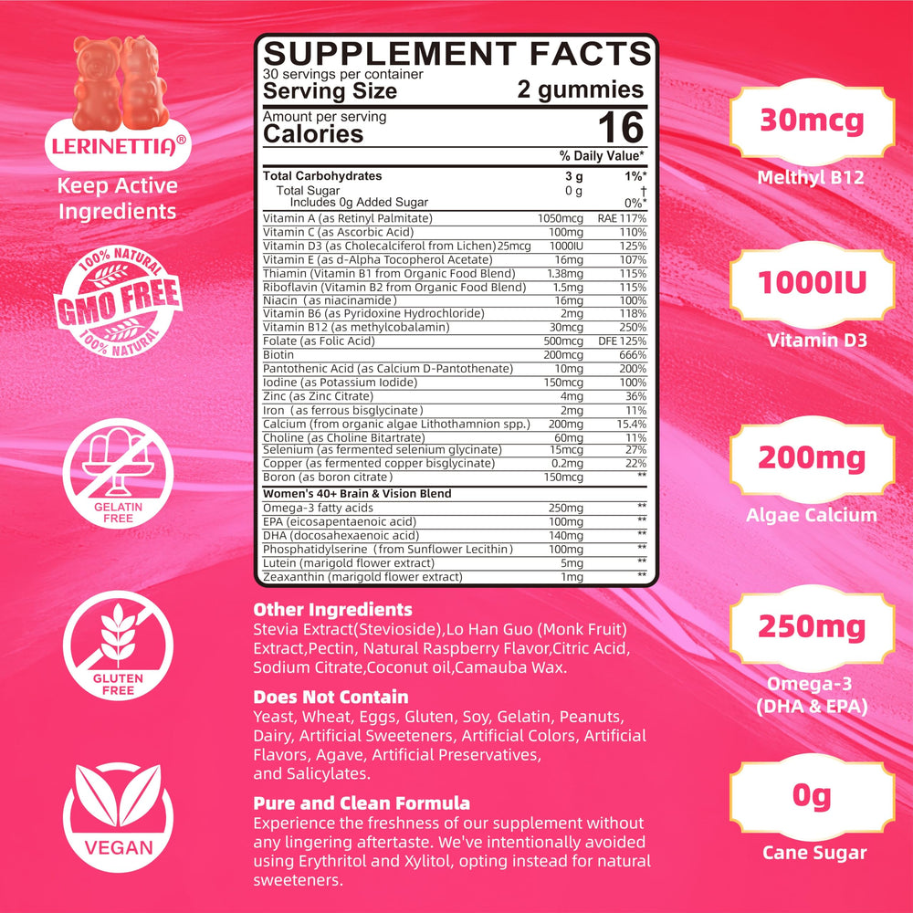 Lerinettia multivitamin gummies package highlights 26 ingredients and daily use.