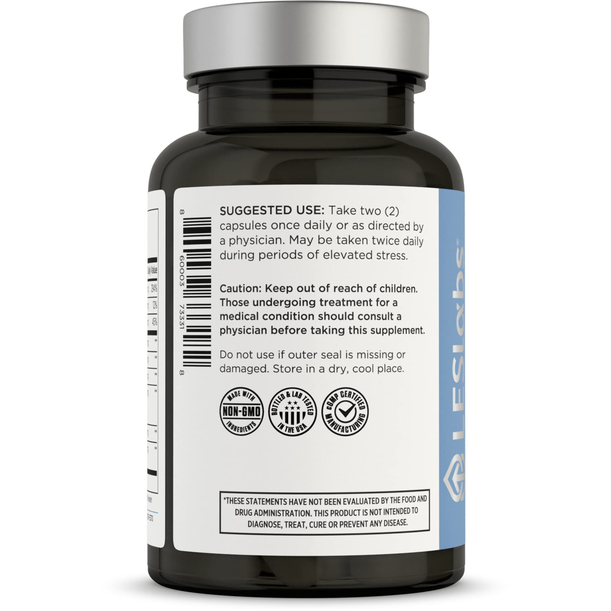 Label detail of LES Labs GABA Health highlighting non-GMO formula.