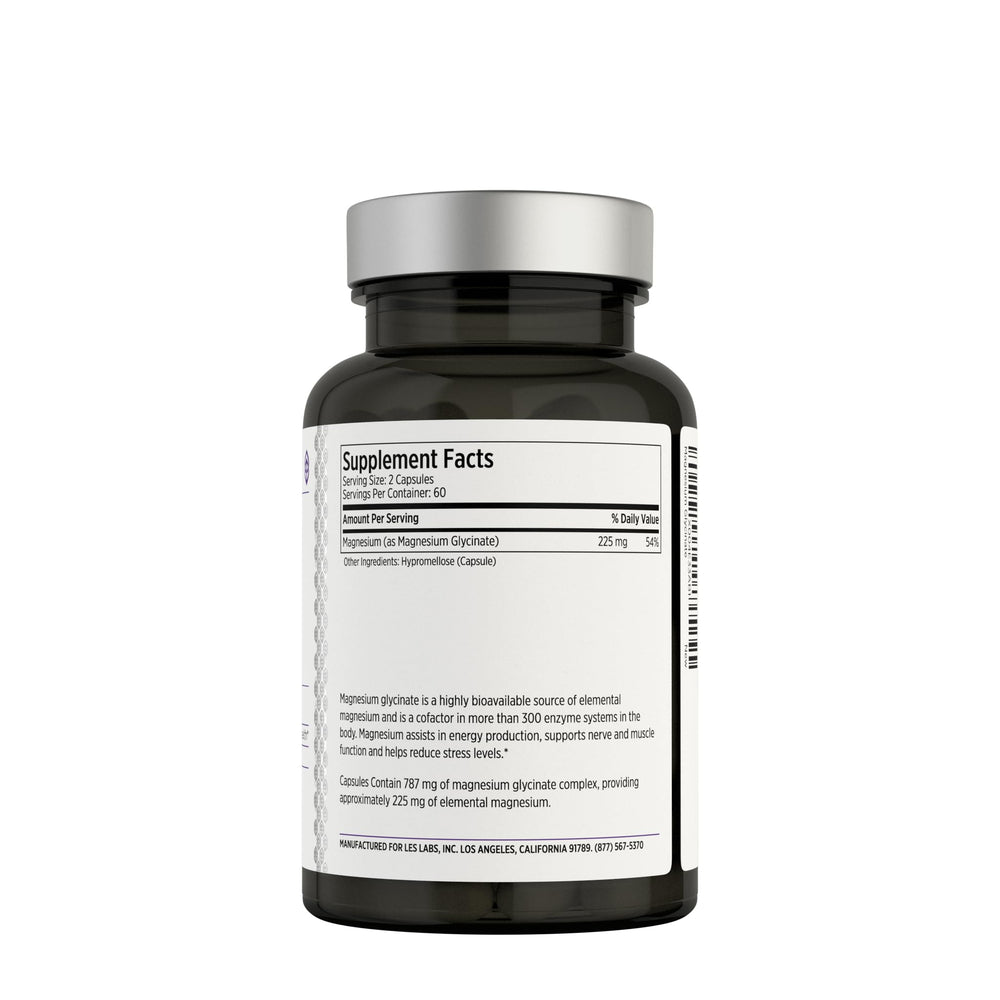 LES Labs magnesium glycinate capsules closeup shows strong bioavailability for absorption.