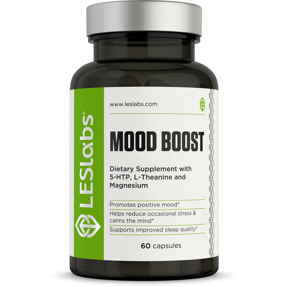 LES Labs Mood Boost bottle front showcasing premium packaging for stress relief.