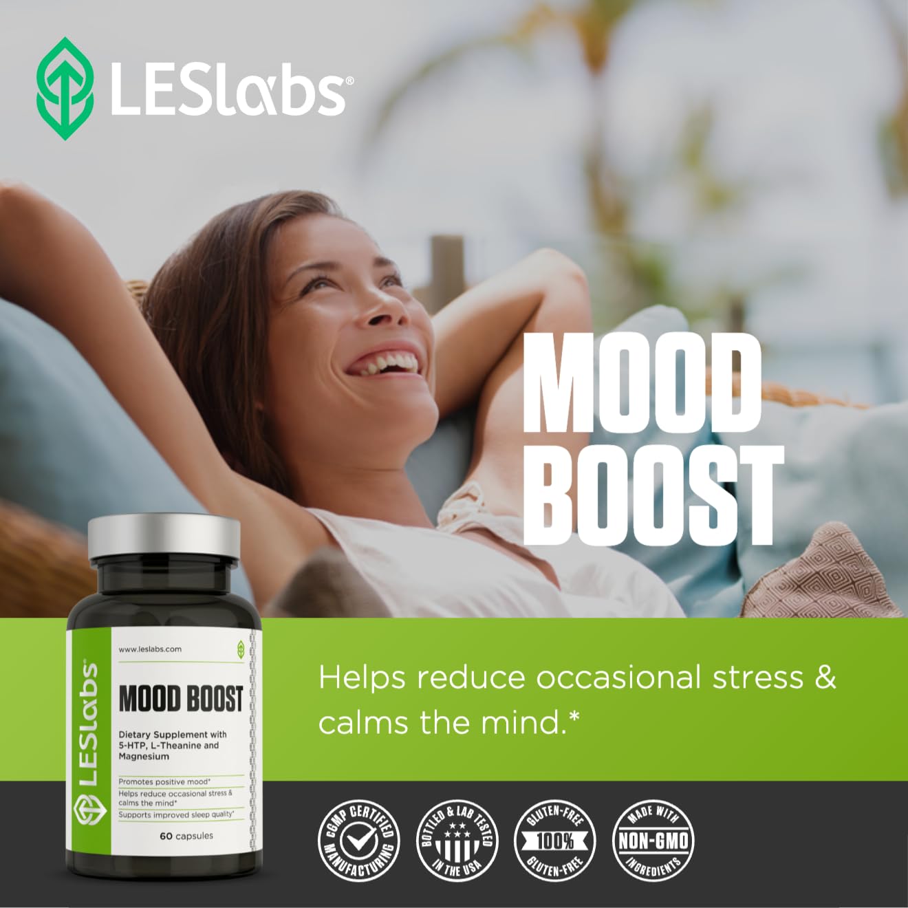 LES Labs Mood Boost bottle tilted to pour for easy daily dosing.