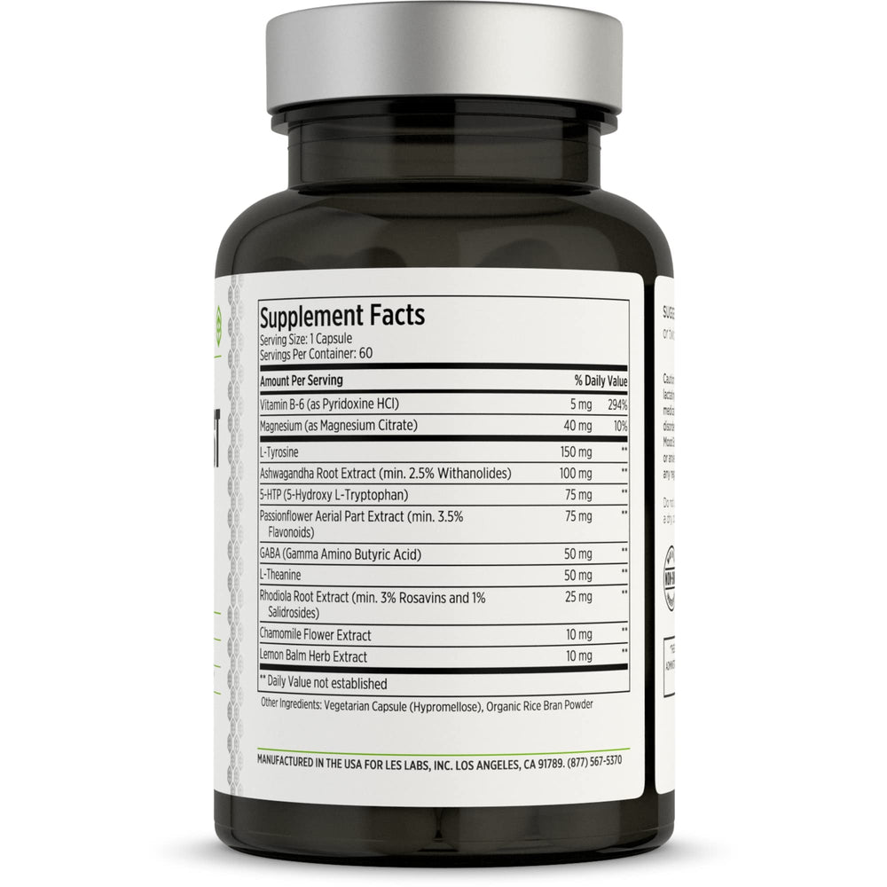 LES Labs Mood Boost capsules close-up highlighting natural ingredients for calm mood.